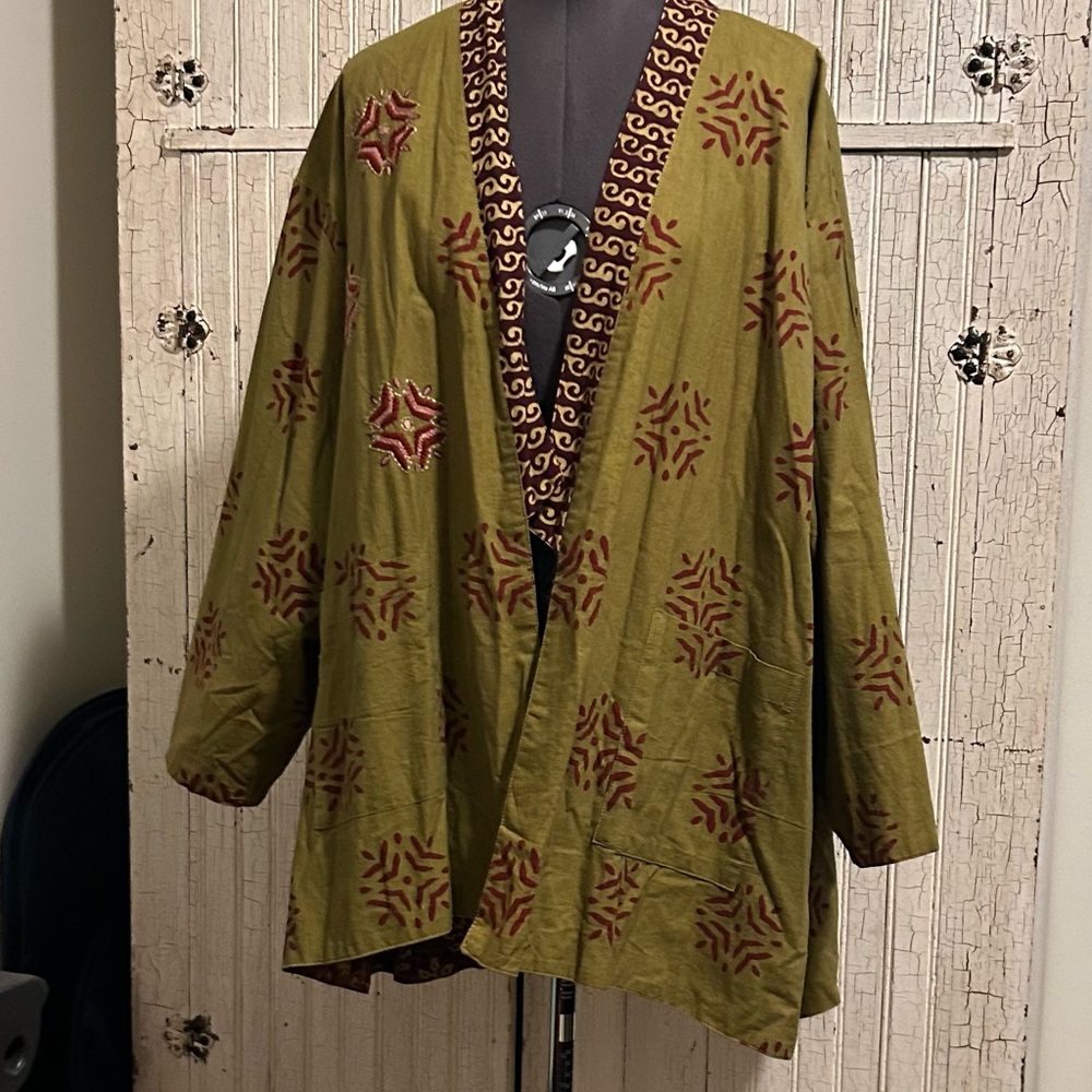 Designer sample garment, Olive Green, reversible Kimono Jacket